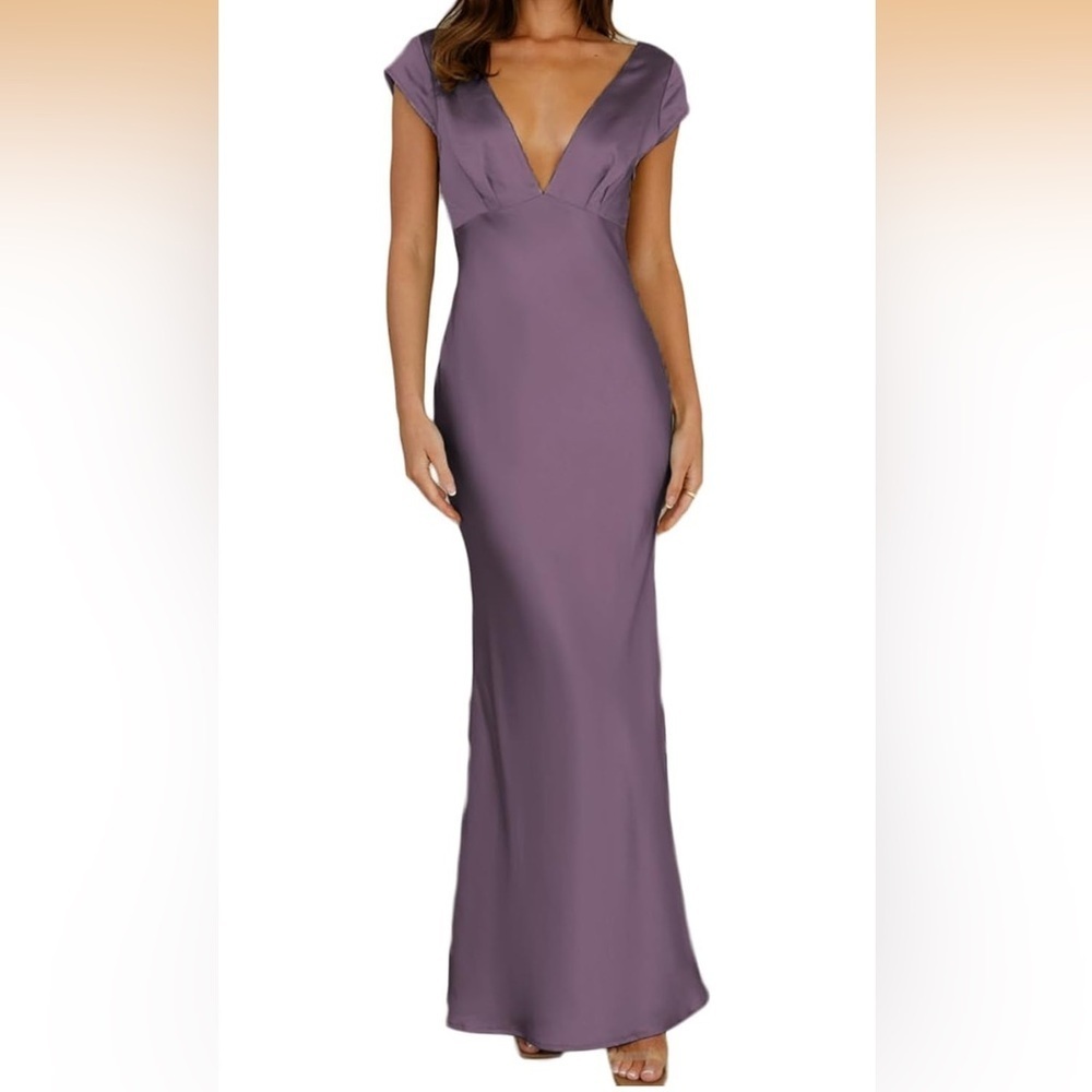 Satin V Neck Cap Sleeve Backless Maxi Dress Elegant Twist Cut Out Midi  0099/DC